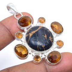 Copper Black Turquoise & Smoky Quartz 925 Sterling Silver Pendant 2.15″ T21