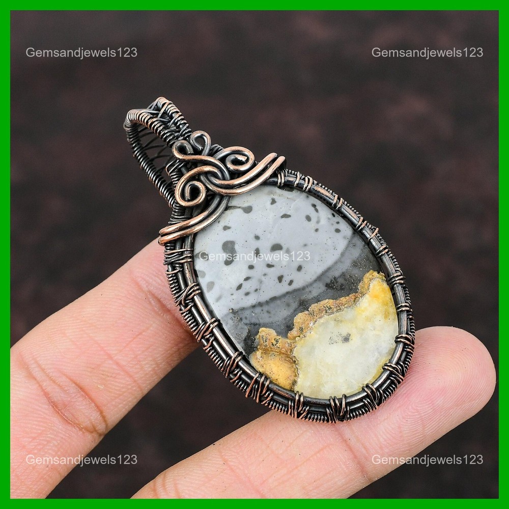 Womens day Sale Oval Natural Palm Root Agate Wire Wrapped Pendant Jewelry Copper