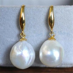 10-12mm Natural White Freshwater Baroque Pearl Dangle Earrings 14K GP Hook