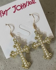 Betsey Johnson Yellow Enamel Crystal Pearl Crucifix Cross Dangle Earrings NWT