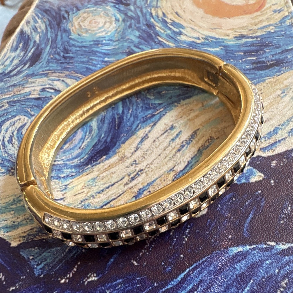 Swarovski Signed Gold Tone Hinged Bangle Bracelet w/ Pavé Clear Crystals
