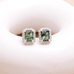 Natural Moss Agate Octagon Stud Earrings 925 Sterling Silver Moissanite Jewelry