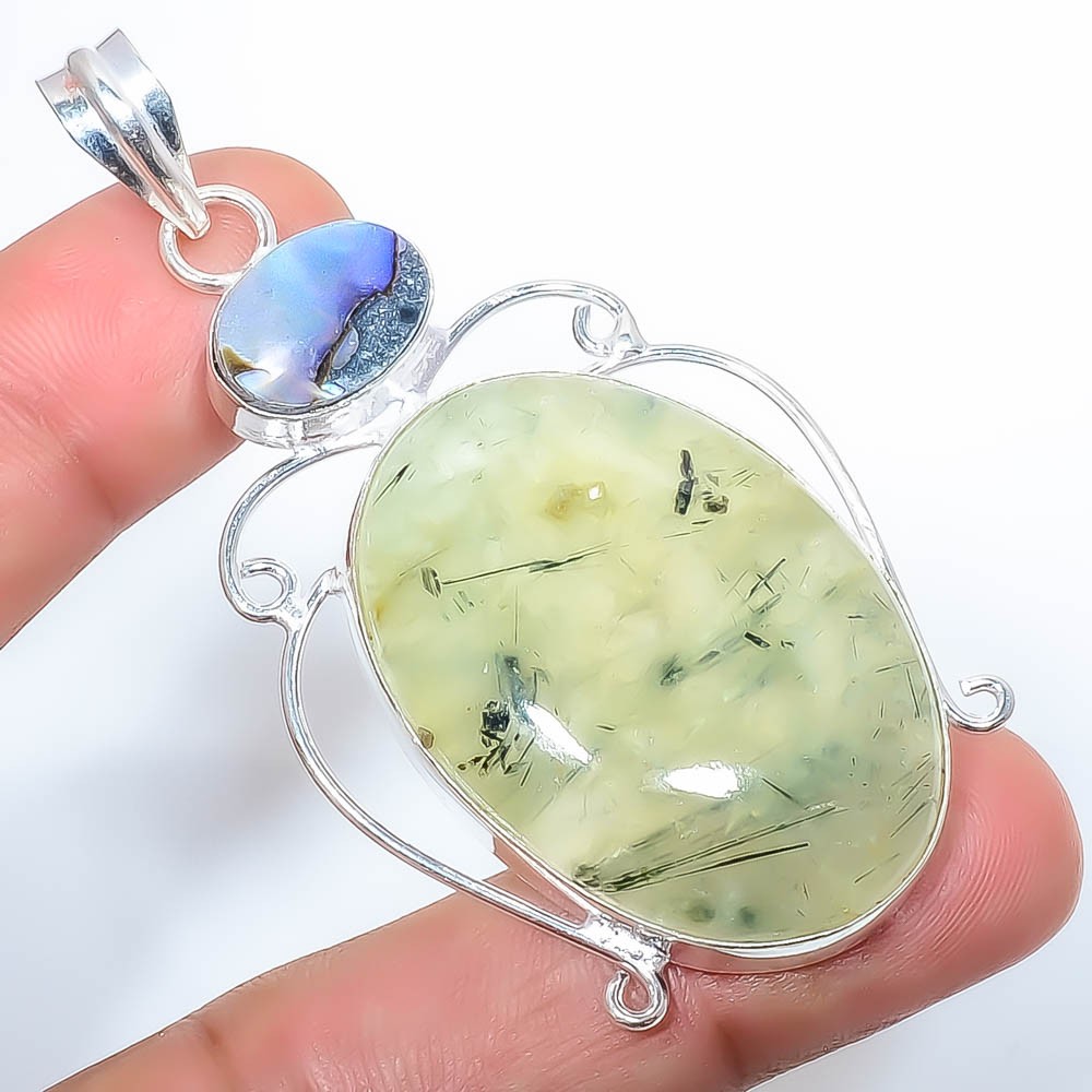 Natural Prehnite &Abalone Paua Shell 925 Silver Plated Pendant 2.57″ M1432