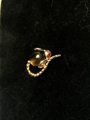 Gold Tone Mouse Brooch Pin Brown/Red Glass Oval Stones Animals Theme