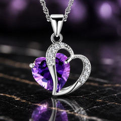 Women 925 Sterling Silver Necklace Chain Amethyst Crystal Heart Purple Pendant