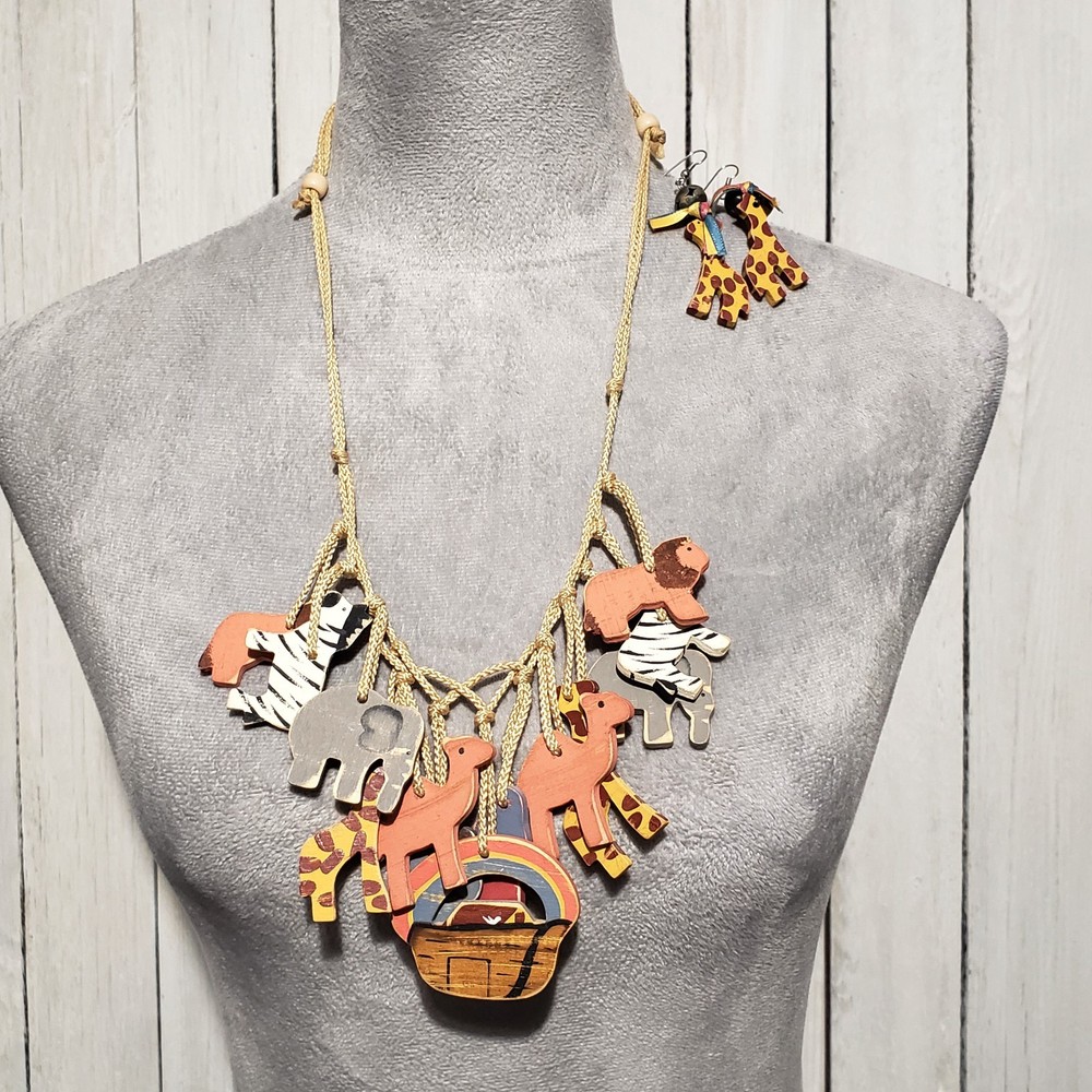Noah’s Ark Statement Necklace Earrings Set Wooden Painted Religious Christian