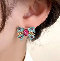 Super Cute Sparkly Blue Red BOW Rhinestone Gold Betsey Johnson Earrings