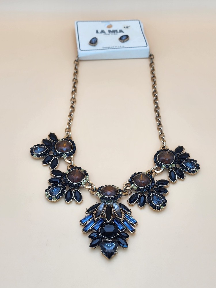 New LA MIA Signed Crystal Gold Tone Statement Necklace Brown Black Blue & Clear