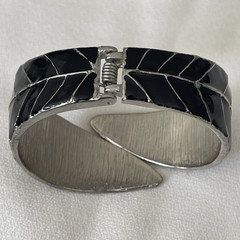 Silver Tone Black Enamel Hinged Cuff Bracelet, Sizable, No Stone