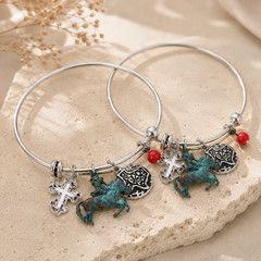 2PCS Patina Horse Charm Wire Bangle Bracelet Cross Western Equestrian Silver