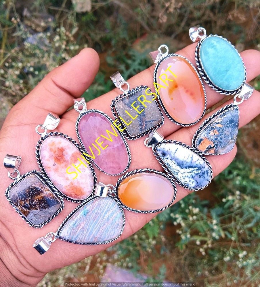 Natural Jasper & Mix Gemstone 925 Sterling Silver Plated Pendants Lot Jewelry