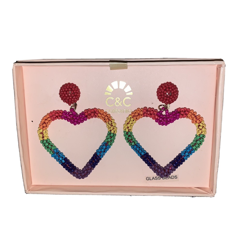 C&C California Rainbow Colored Dangle Beaded Heart Earrings Post Back LGBTQ NIB