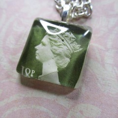 Handmade Authentic Postmarked Queen Elizabeth Postage Stamp Glass Tile Necklace