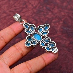 Blue Topaz Gemstone 925 sterling silver Handmade Cross Pendant jewelry 2.75″
