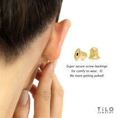 14K Real Solid Yellow Gold Dainty Ribbon Bow CZ Sleeper Stud Earrings Screw-back