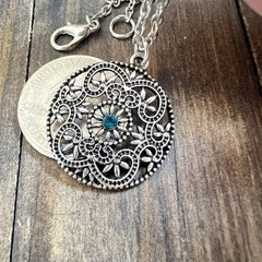 Scrollwork Pendant Necklace With Rhinestone Silver Tone Decorative Jewelry