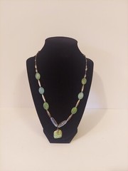 Silver Green Blue Beaded Necklace With Dichroic Glass Pendant
