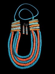 Colorful Boho 5 Strand Beaded Wood & Glass Necklace & Earrings 36 In