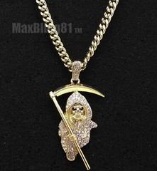 Gold Plated GRIM REAPER Cubic Zirconia Pendant & 18″ ~ 30″ Cuban Chain Necklace