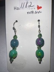 Green Blue Bead Earrings, W/ Silver, Hook Dangle, Flower Bead, Fashion, Womens