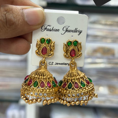 Gold Tone Bell Jhumka Red & Green Cubic Zirconia Dangle Earrings, Push Back
