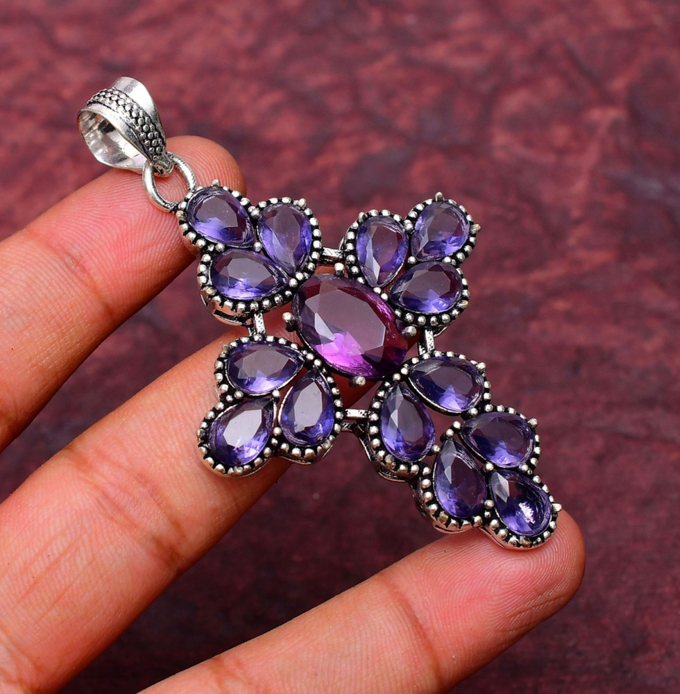 Amethyst Gemstone 925 sterling silver Handmade Cross Pendant jewelry 2.75″