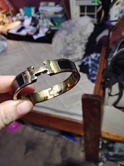 Authentic Hermes Clic H bracelet gold plated black enamel narrow bangle