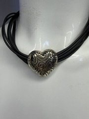 Black Rubber Cord Choker Necklace Silver Tone Heart Charm Pendant Adjustable 16″