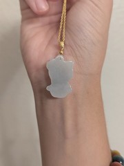 Jade Hello Kitty Necklace, Pale Color, Gold Plated Chain, Untreated