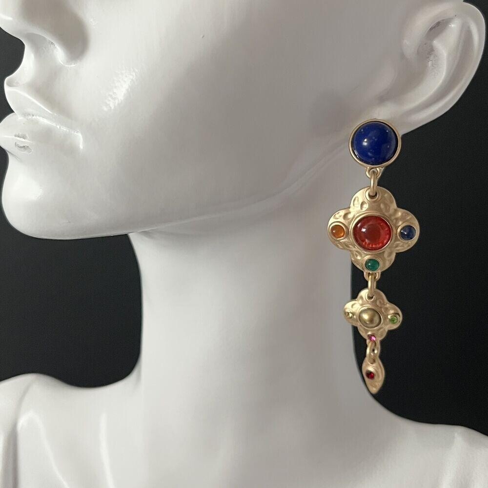 A Pair Dangle Earrings Pierced Mogul Cabochon Matte Gold Faux Lapis