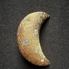 Vintage Christian Dior Gold Plate Textured Crescent Moon Brooch Pin Rhinestones
