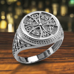 Round Sterling Silver Celtic Cross Ring Statement Signet with Knotted Weave Band