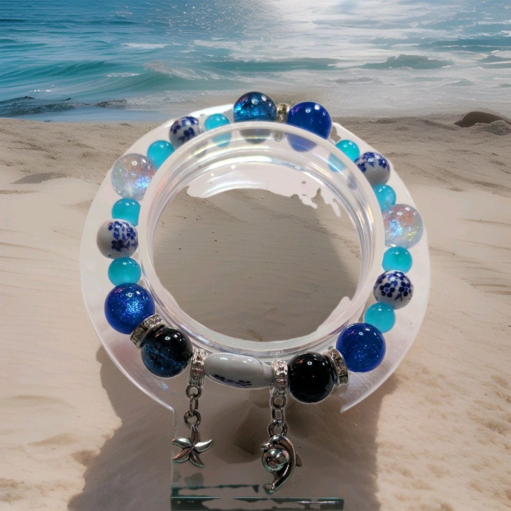 Blue White Glass Round Bead Charm Bracelet w/ Starfish Dolphin Dangle Charms