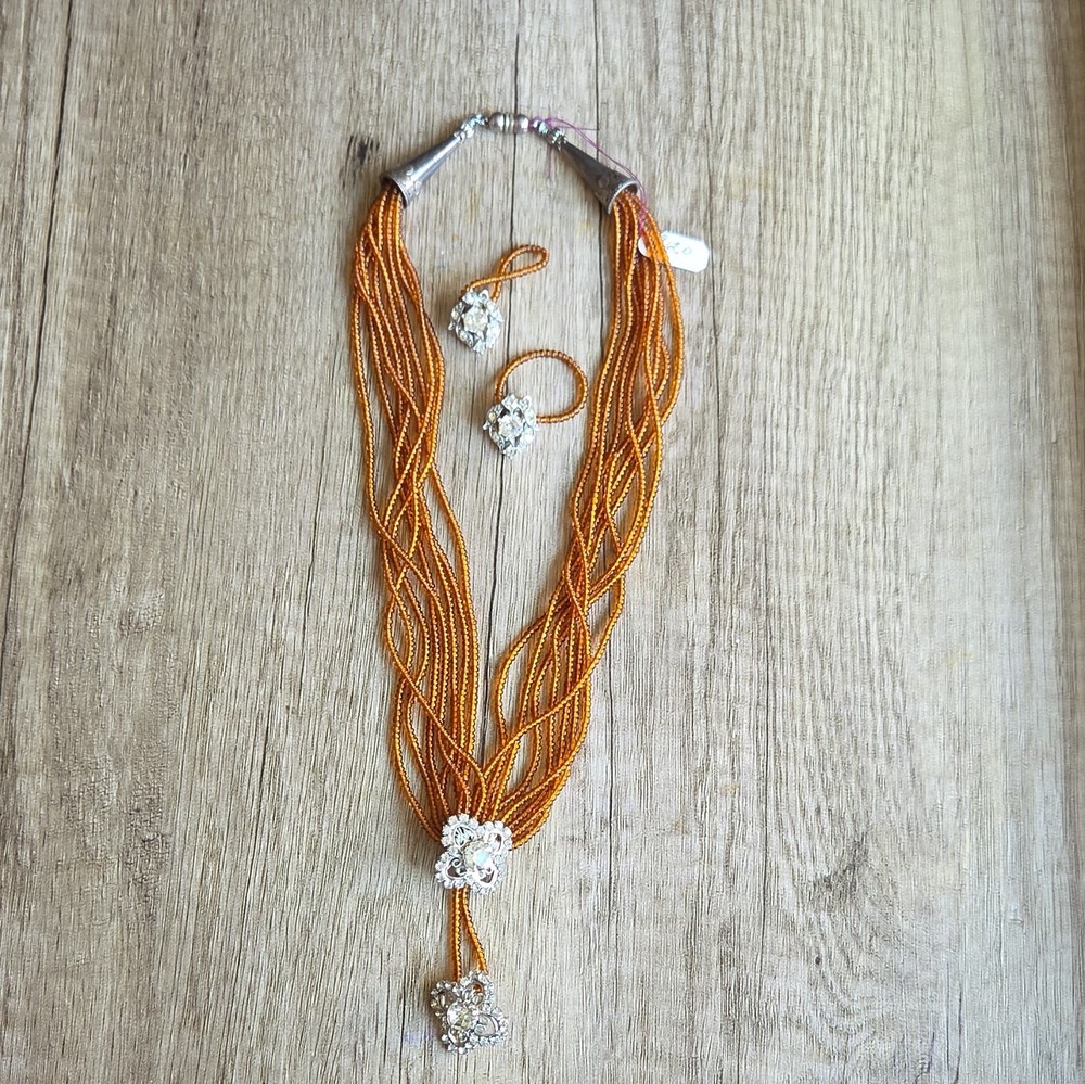 Orange Multi-Strand Beaded Necklace With Clear Crystal Drop, Barrel Clasp