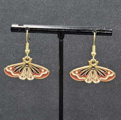 Moth Pierced Earrings Gold tone Brown Black Enamel Dangle 1/2″