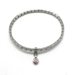 Italian Modular Charm Bracelet Dangle Pink CZ Heart Stainless Steel Silver 4 mm