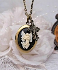 Valentine Prayer Box Bronze Locket Cameo Necklace Pendant photo keepsake Angel