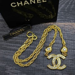 CHANEL Gold Plated CC Logos Rhinestone Vintage Necklace Pendant #1374c Rise-on