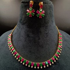 22K Gold Plated Ruby Emerald Pearl Necklace Set Handmade Red Stone Indian Jewelr