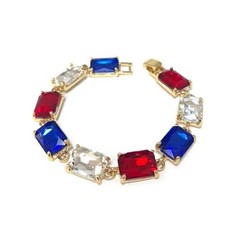 Emerald Cut Glass Crystal Linked Statement Gold Bracelet Red White Blue Clear