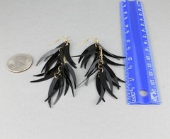 Black feathered earrings dangle 3.5″ long lightweight tassel fringe