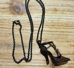 Vintage Silver Tone Orange Rhinestone Heels Show Pendant Statement Necklace