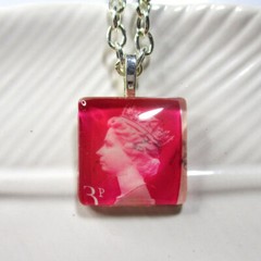 Handmade Authentic Postmarked Queen Elizabeth Postage Stamp Glass Tile Necklace