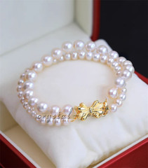 2 ROWS AAA 7-8MM NATURAL AKOYA WHITE PEARL BRACELET 14k CLASP 7.5-8 INCH