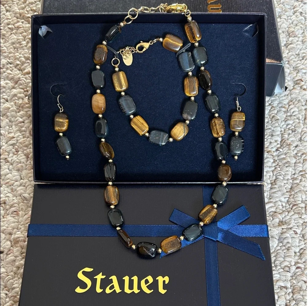 Stauer Tiger Elyse Gold and Black Necklace, Bracelet and Earrings Set