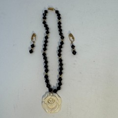 Vintage 60s Black Bicone Bead Necklace Ivory White Carved Resin Rose Pendant Set