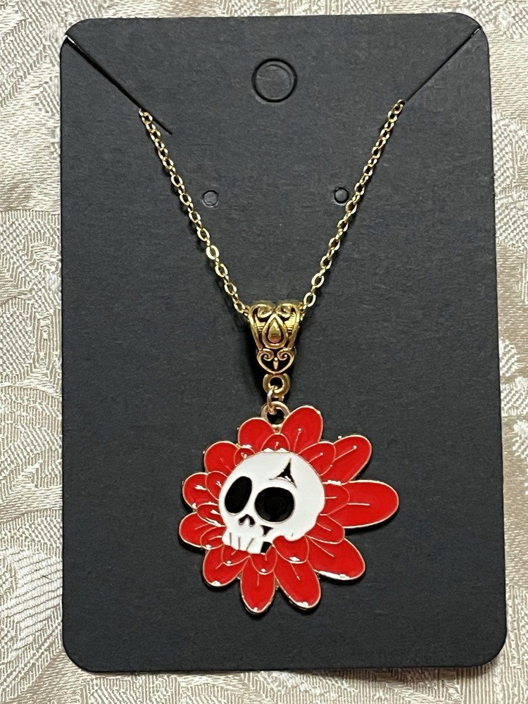 Gothic Bohemian Floral Skeleton Halloween Charm Gold Dangle Fun Necklace 18”