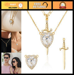 Couples Necklace Set – 14K Gold Plated Sword & Heart, Zirconia Jewelry Gift for