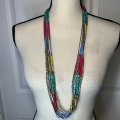 Multicolor Layered Beaded Necklace Silver Bar Toggle Boho Statement