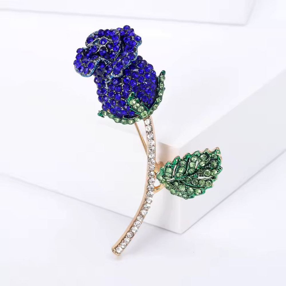 Luxury Sparkling Rhinestone Blue Rose Brooch Gold Crystal Flower Pin Jewelry Gif